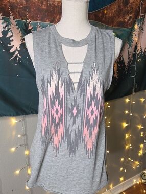 White Crow Grey Tank Top with Pink Aztec Print Size M